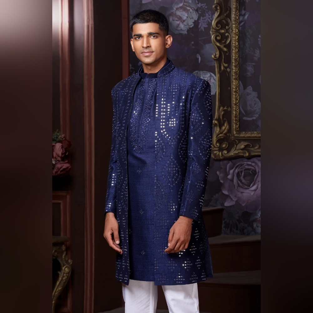 SR Navy Blue Raw Silk Sherwani with Jacket
